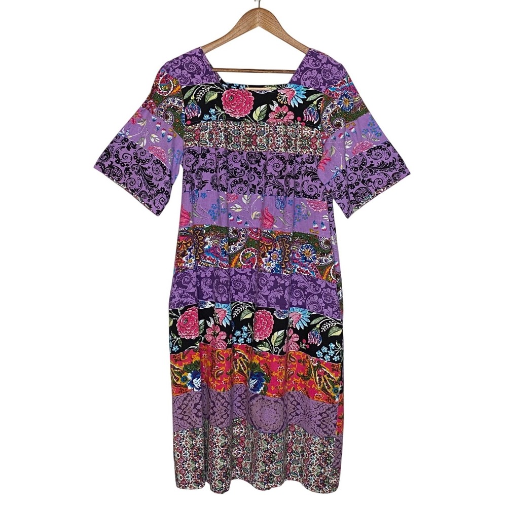 La Cera Womens Muumuu House Dress Size 2X Purple Floral Cotton Pockets Lounge